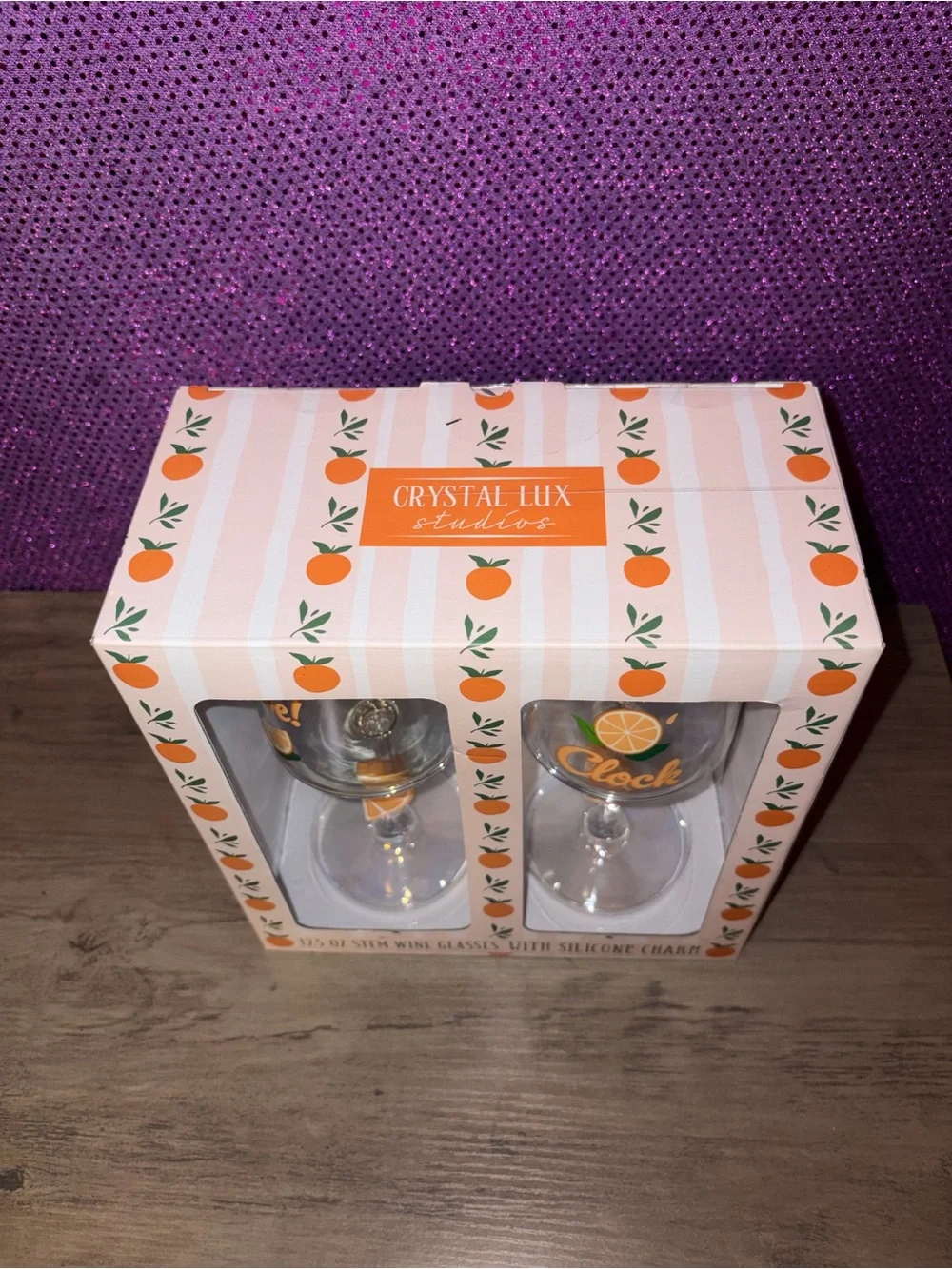 🆕💜 Crystal Lux Studio Spritz Clock Orange Stem Wine Glass Set of 2 NIB